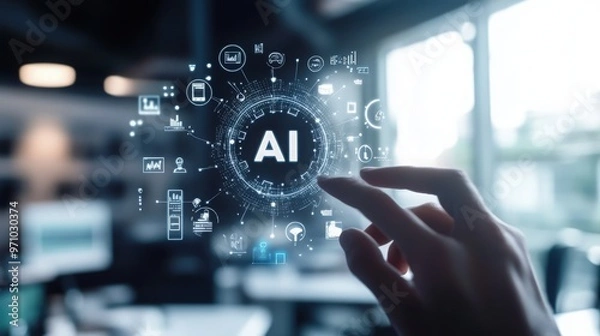 Fototapeta A Person Touching on an AI Icon with the Word AI Floating Above in a Modern Tech Environment, Illuminated with Blue and White Lights