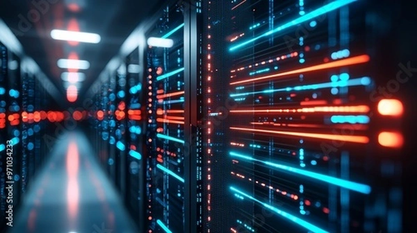 Fototapeta Futuristic Data Center Hallway With Illuminated Server Racks and Digital Technology
