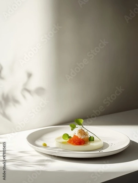 Fototapeta A minimalist plate showcasing a delicate dish with garnishes and artistic presentation.