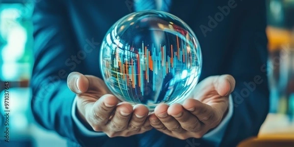 Fototapeta A business professional holds a crystal ball displaying vibrant data graphs, symbolizing future predictions and analytics.