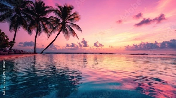 Fototapeta A serene infinity pool overlooking a tropical beach at sunset, with palm trees swaying gently in the breeze