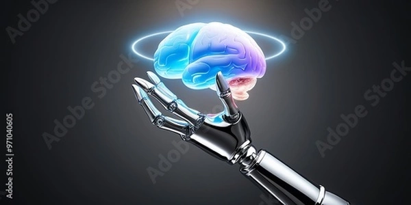 Obraz A 3D-rendered robotic hand holding a glowing brain, showcasing the intersection of AI, machine learning, and cognitive science. Made with generative AI technology