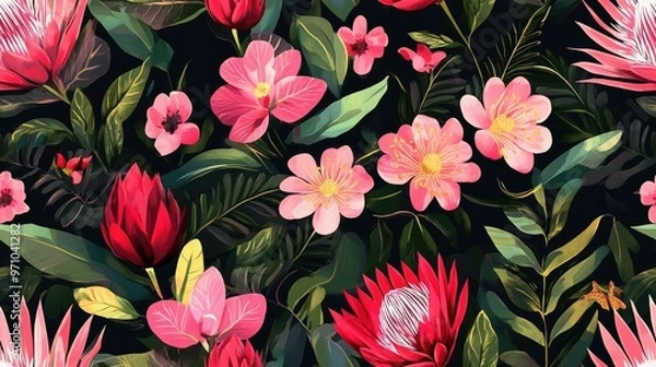 Fototapeta Pink Protea and Pink Balsam with Red Fuchsia illustrated in a seamless floral pattern Botanical flowers and wild leaves isolated in an exotic tropical design suitable for fabric wallpaper print