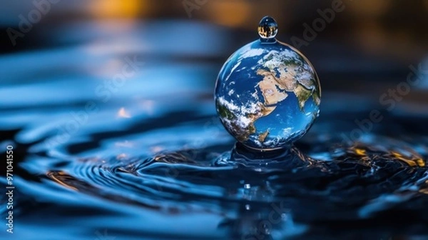 Fototapeta Single droplet of water encapsulating the Earth, representing environmental conservation and global responsibility