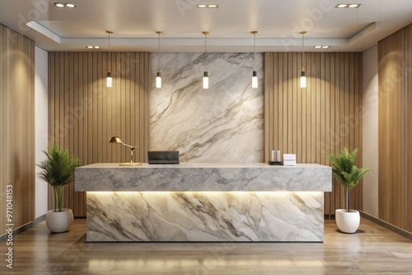 Obraz Elegant marble reception desk with sleek lines, rich gray and white veining, and a modern minimalist aesthetic, set against a neutral background of warm beige tones.