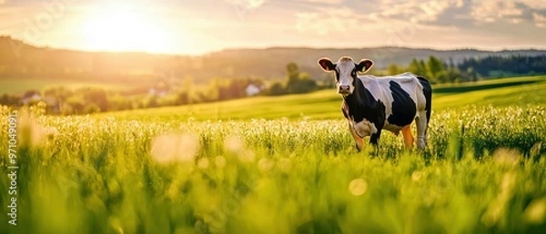Obraz A picturesque scene of a cow grazing in a vibrant green field under a stunning sunset. Nature's beauty on a farm.