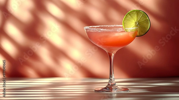 Fototapeta A Pink Cocktail with Lime Wedge in a Glass - Illustration