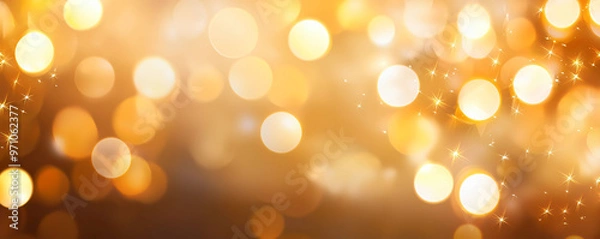 Fototapeta A warm, abstract background featuring floating bokeh lights that create serene and enchanting atmosphere. golden hues and sparkling effects evoke sense of joy and celebration