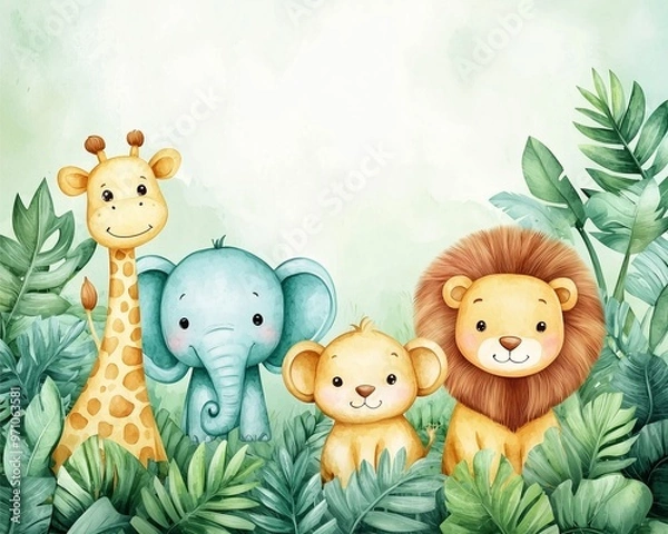 Fototapeta Wildlife Watercolor Art: Cute giraffe, elephant, lion, and cub in a green jungle setting.