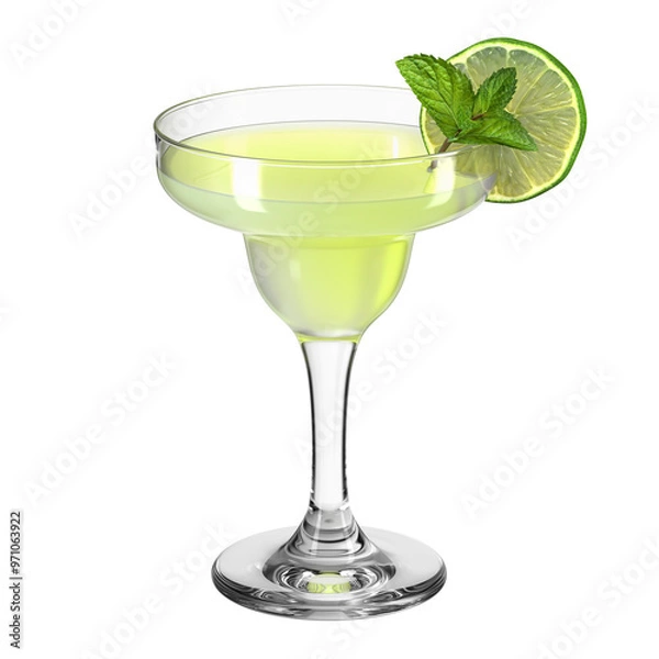 Fototapeta Margarita cocktail glass on transparent isolated background. Beverage with lime and mint. Bar theme. Alcoholic drink. 3d rendering.