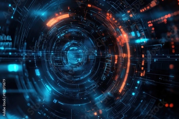 Fototapeta Futuristic abstract design featuring glowing lines and patterns in vibrant blue and orange hues, creating a dynamic visual effect.