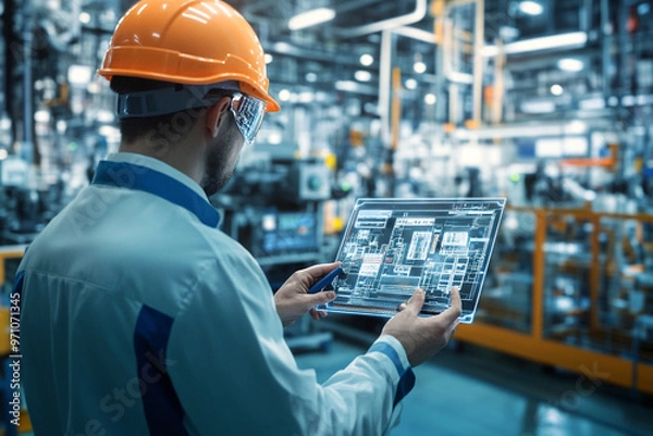 Fototapeta Engineer using a digital tablet to monitor the manufacturing process in a high-tech industrial factory wearing a hard hat and safety goggles.
