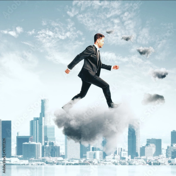 Fototapeta Businessman climbing thecloud ladder at city background concept