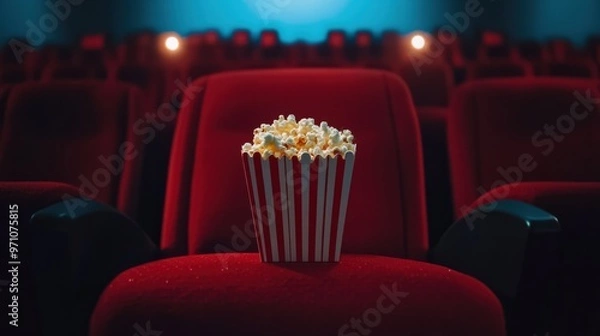 Obraz A popcorn box sitting on a classic red cinema seat, waiting for the movie to start with dim lighting