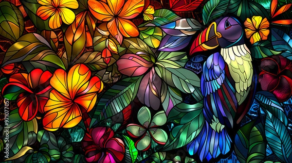 Fototapeta Stained glass vector-style image of beautiful Puffin bird tail, tropical flowers, bird feathers, color coordinated abstract expressionism surrealism apophysis paisley design