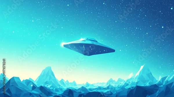 Obraz A mysterious flying object hovers in the vast blue sky, hinting at the possibility of alien life and space travel.low poly vector illustration.