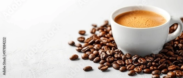 Fototapeta Photo of a cup and coffee beans on a white background, top view with copy space concept for a healthy lifestyle. Web banner with copy space from left to right. On the right side, there is a free text 