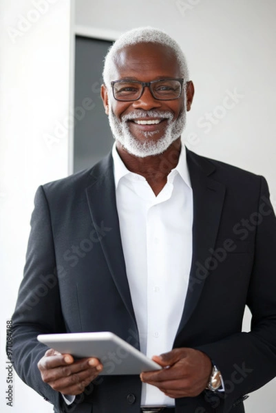 Fototapeta Senior Black businessman holding a touchpad, smiling confidently at the camera, in an office, with a white background.