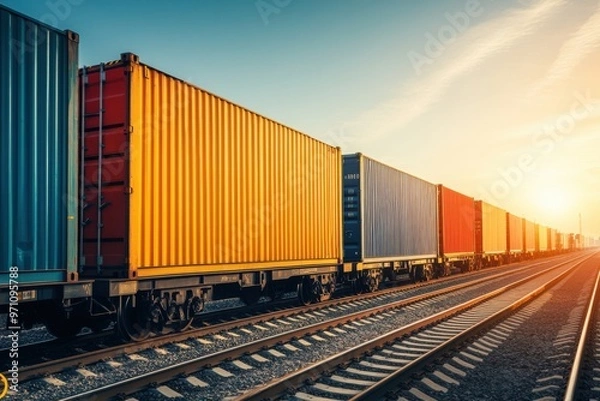 Fototapeta Logistics port train moving through a shipping yard