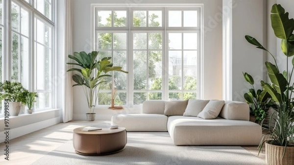 Fototapeta High-resolution shot of a minimalist living space with large windows, natural light, and a few carefully chosen decorative elements for a sophisticated look