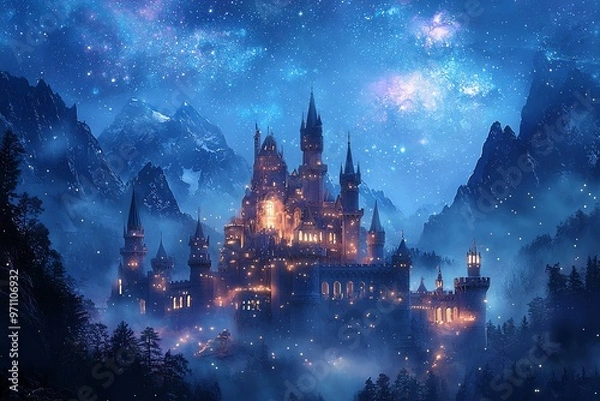 Fototapeta Fantasy castle glowing with magic under the stars, distant mountains in the background, Watercolor style