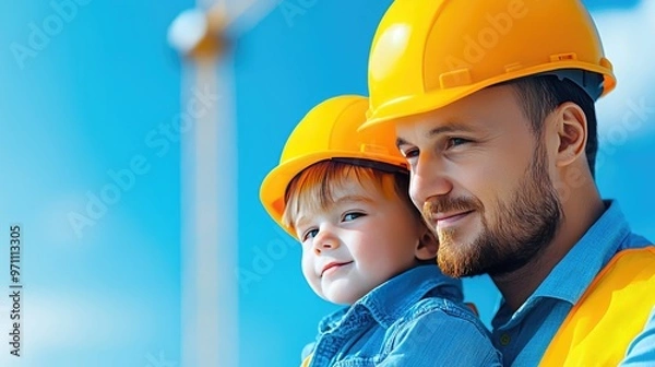 Fototapeta A joyful construction worker holding a child, both wearing yellow helmets. A bright blue sky serves as the backdrop.