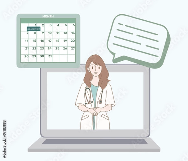 Obraz Smiling doctor in white uniform with stethoscope making video call, discussing online with patients. Appointment calendar, bubble speech behind. Hand drawn flat cartoon character vector illustration.