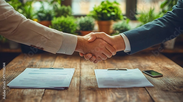 Fototapeta Business handshake after successful deal, with calculator and documents
