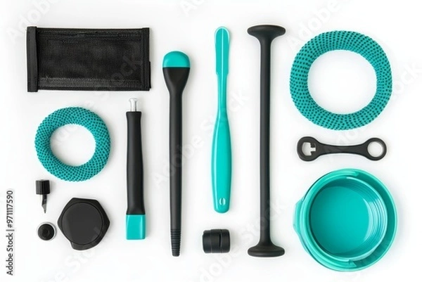 Fototapeta White background with flat lay composition of medical objects