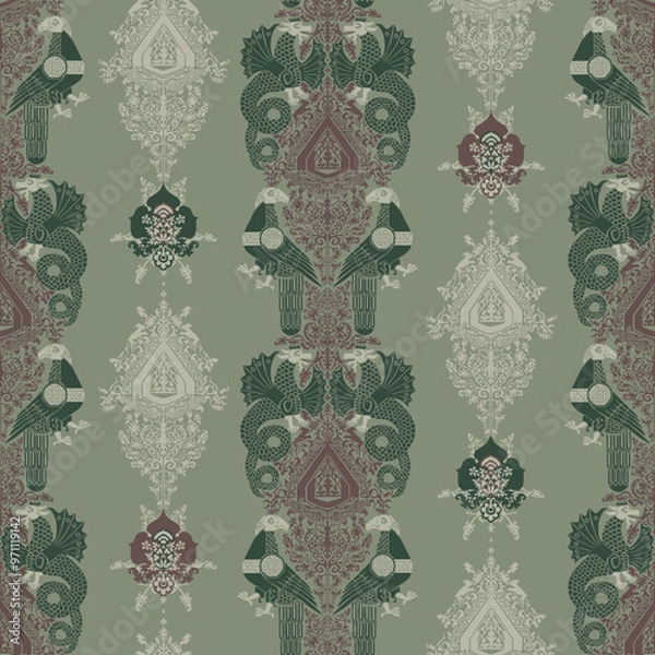 Fototapeta Seamless pattern with animals and ornament in Byzantine style.