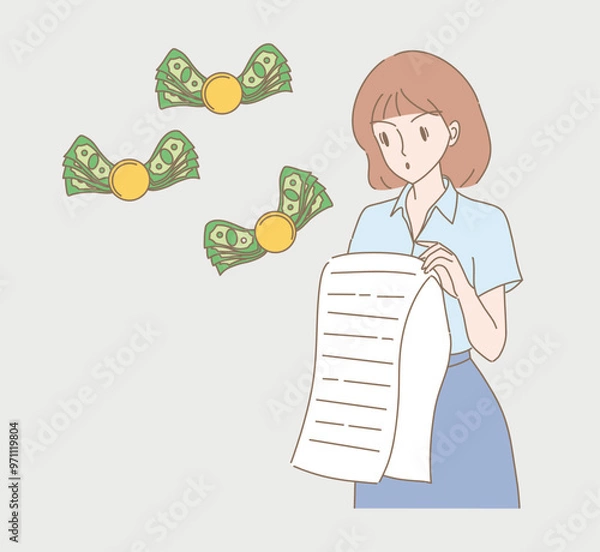 Obraz Young woman holding giant task list, long paper document, shopping bill, tax invoice with shocked gesture. Money flying behind. Hand drawn flat cartoon character vector illustration.