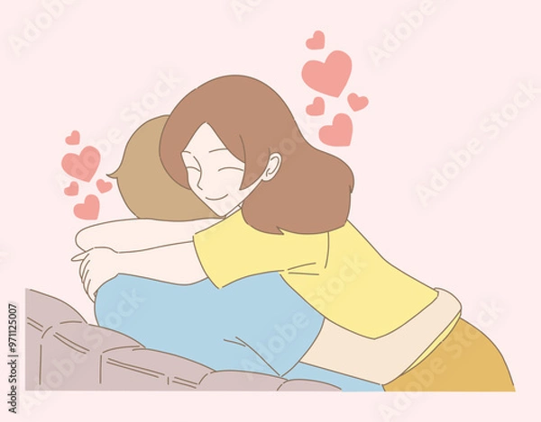 Obraz Happy couple hugging. Young woman and man cuddling. Embracing couple in love. Hand drawn flat cartoon character vector illustration.