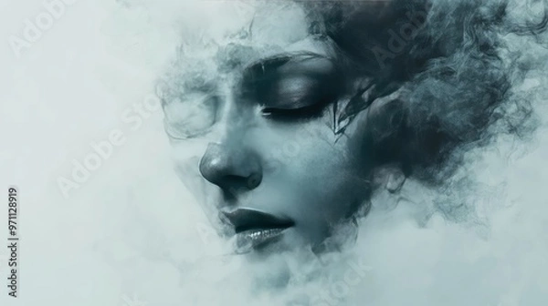 Obraz A serene portrait of a woman merging with ethereal smoke, capturing the essence of dreams and tranquility.