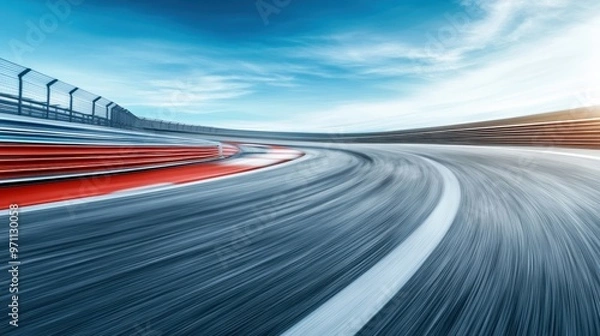Fototapeta Dynamic view of a racetrack curve, showcasing speed, motion, and the thrill of racing under a clear blue sky.
