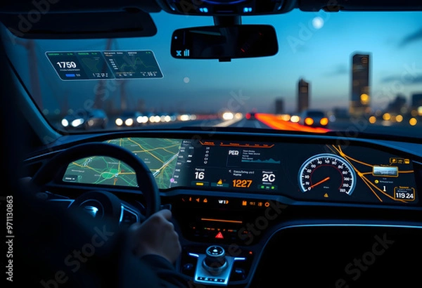 Fototapeta The car of the future, with technologic dashboards 