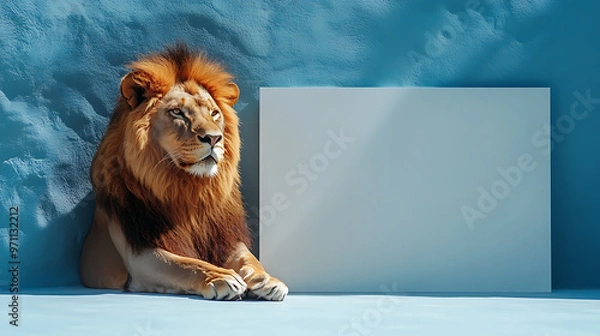 Fototapeta The lion is sitting in front of a white sign.