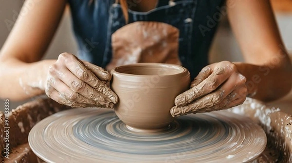 Fototapeta Woman creating pottery on a wheel, hands shaping clay, centered and relaxed, relax hobby