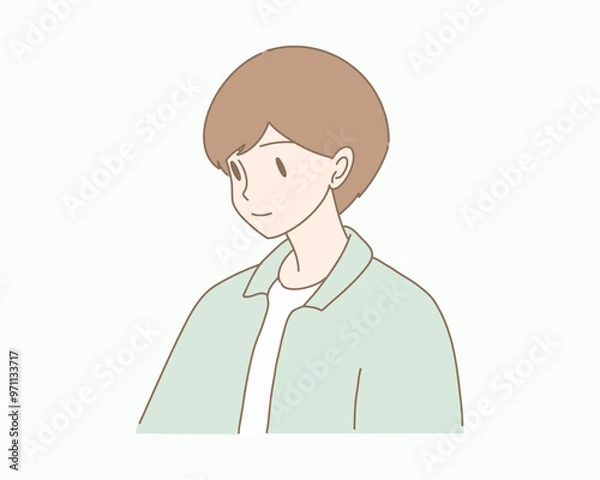 Obraz Young man looking at something lower than him, looking down. Hand drawn flat cartoon character vector illustration.
