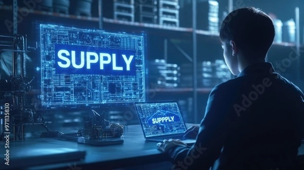 Obraz A person working on a laptop with a large screen displaying "SUPPLY" in a tech environment.