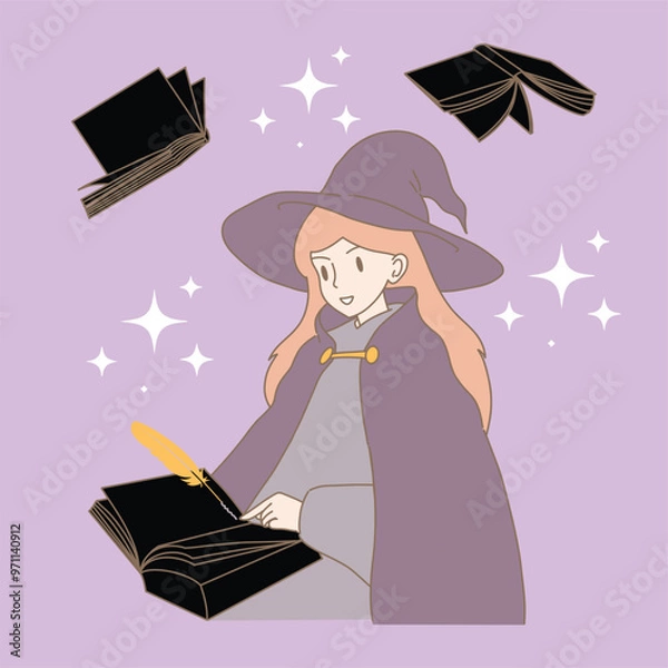 Obraz Happy witch in hat reading magic book, writing with quill pen. Flying books behind Hand drawn flat cartoon character vector illustration. 