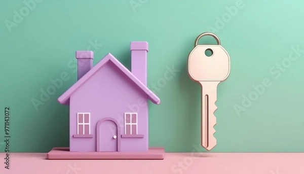 Fototapeta A charming purple house model and a key symbolize home ownership and new beginnings in real estate.
