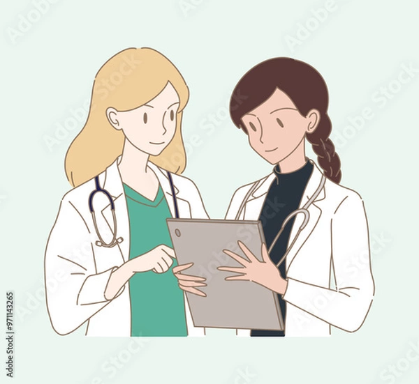 Obraz Doctors discussing, diagnosing patient's medical history, studying medical record via computer tablet. Hand drawn flat cartoon character vector illustration.