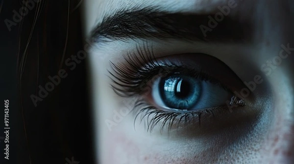 Fototapeta A close-up of a mesmerizing blue eye showcasing intricate details and captivating beauty, perfect for various artistic projects.