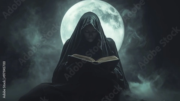 Fototapeta A cloaked figure reading an ancient book under a full moon surrounded by mist in a dark setting