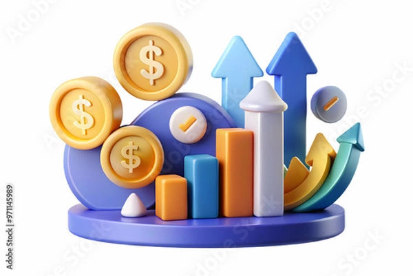 Fototapeta Flat Abstract Glowing Financial Symbols: Artistic Vector Illustration of Dollar Signs, Coins, and Arrows in a Modern, Dynamic Business Theme
