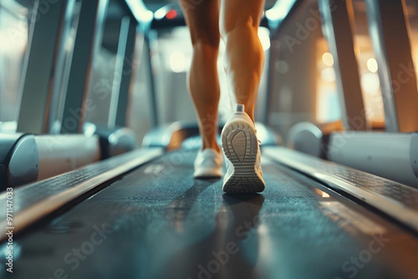 Fototapeta A close-up of footsteps on a treadmill