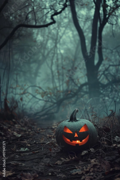 Fototapeta close up vertical image of a carved halloween pumpkin lantern glowing in a dark creepy forest