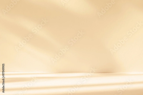 Fototapeta Abstract pastel beige color studio background for product presentation. Empty room with shadows of window and flowers and plant leaves . 3d room with copy space. Summer concert. Blurred backdrop.