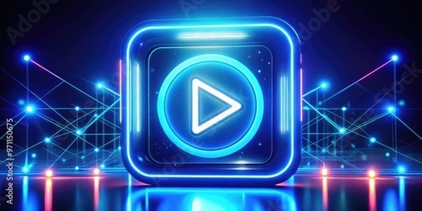 Fototapeta Vibrant blue social media icon with white play button surrounded by glowing neon lights, isolated on a dark background, symbolizing digital creativity and online presence.