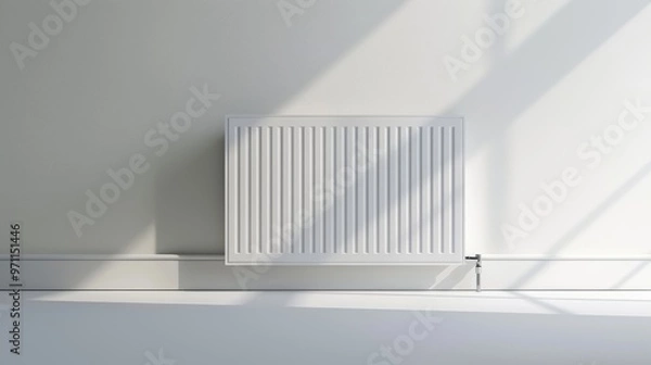 Fototapeta White radiator heating an empty room with sunlight casting shadows